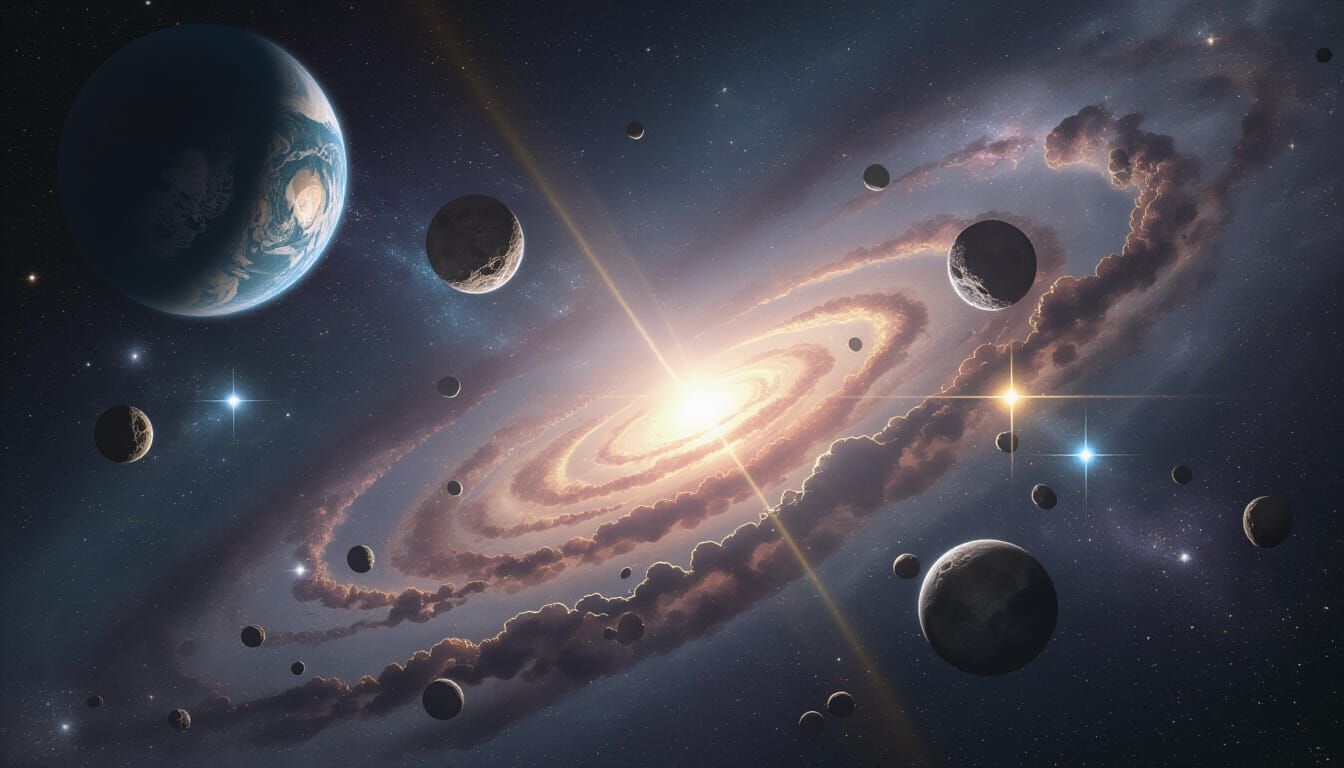 Open Galactic View with Planets and Moons