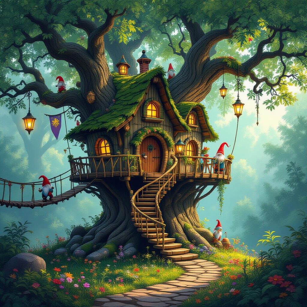 Enchanted Treehouse Village in Fantasy Matte Painting Style