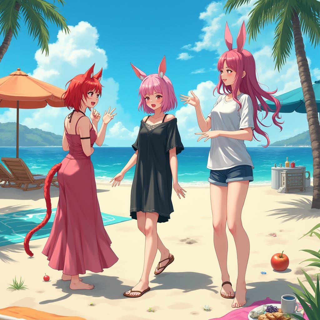 Women Enjoying a Beach Day in Watercolor Style