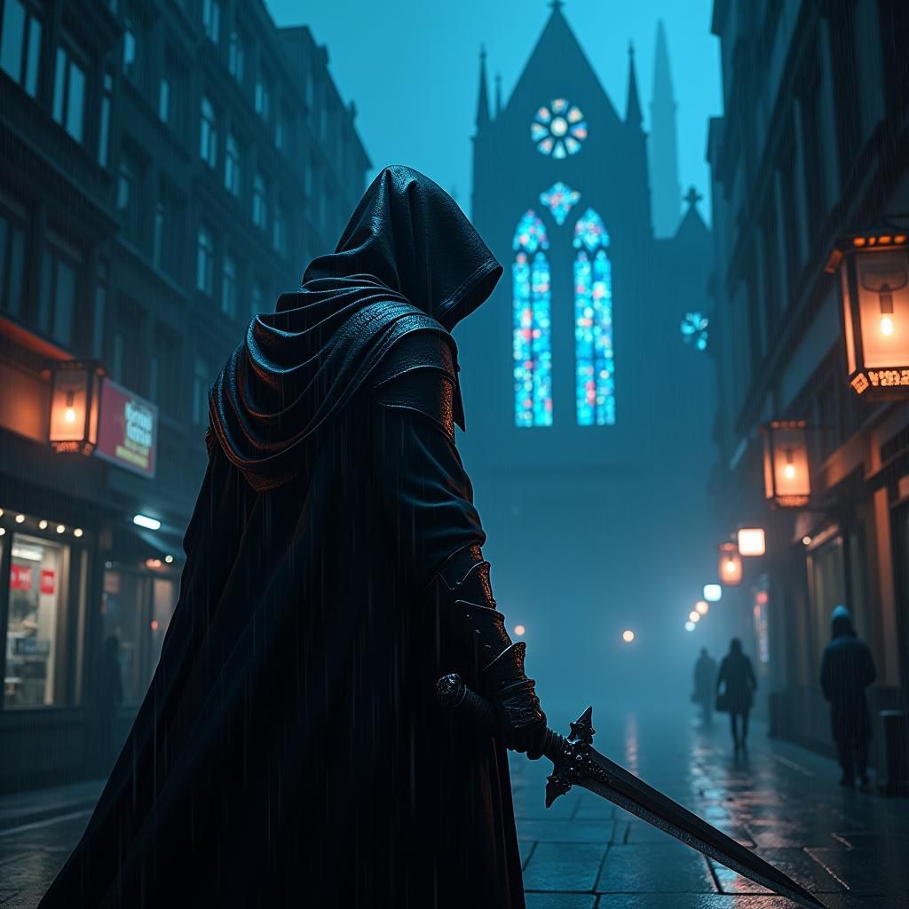 Gothic Assassin in Rain, Fantasy Concept Art