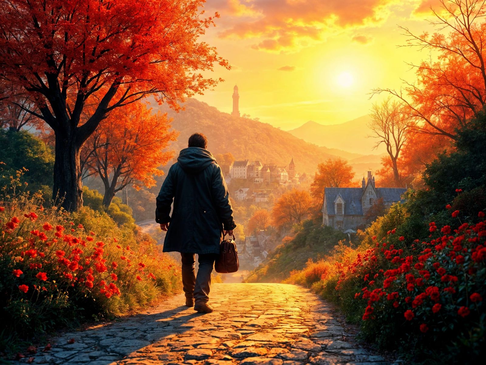 Man in Winter Coat Walks Road to Summer Town