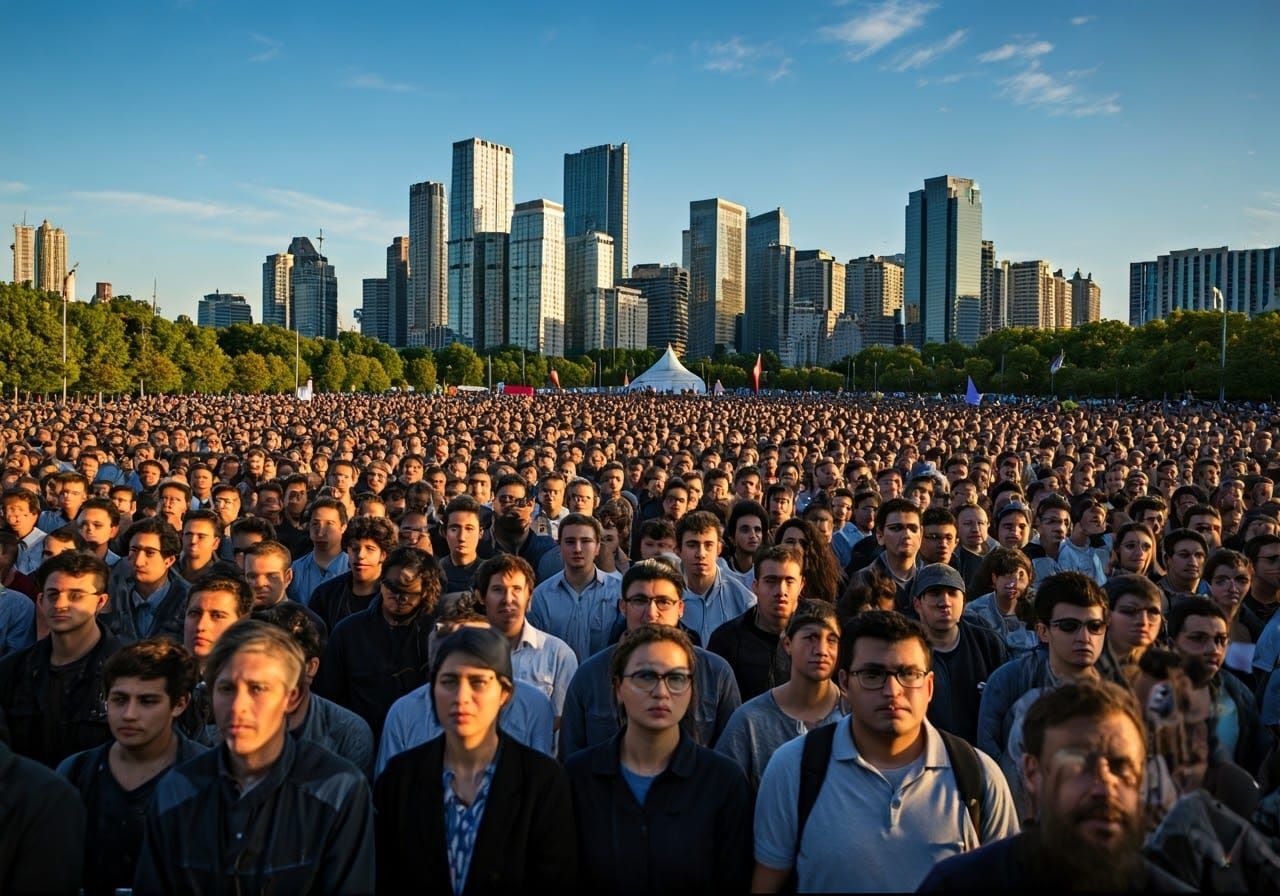 United Crowd Gathers Under Blue Sky
