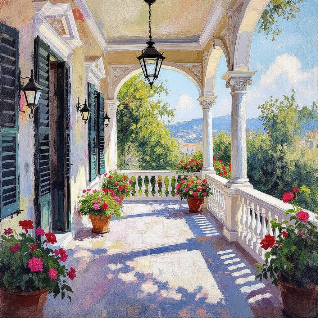 Flowering Veranda in Impressionist Gouache and Watercolor