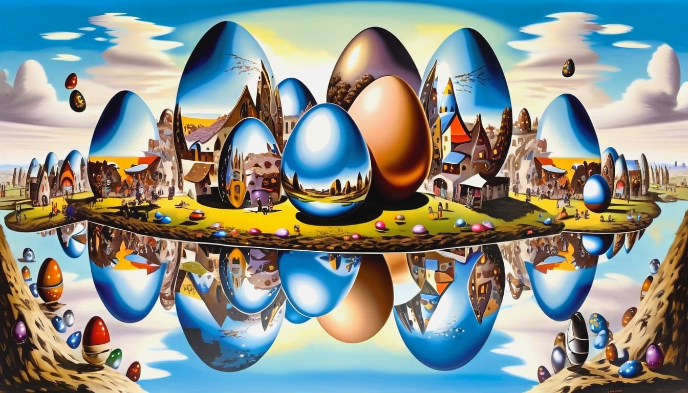 Surreal Metallic Eggs Dance in Easter Village Sky