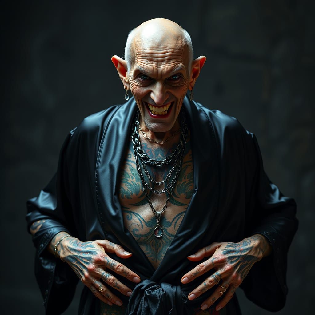 Sinister Elderly Man with Tattoos and Piercings in Silk Robe