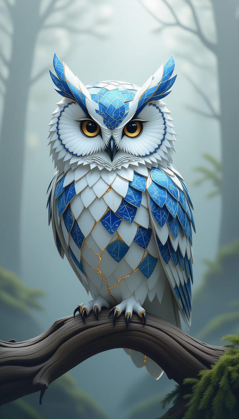 Porcelain Kintsugi Owl in Misty Forest