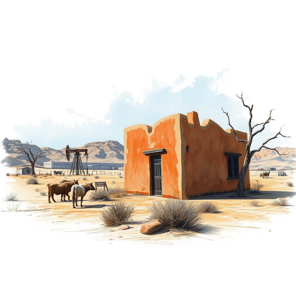 Abstract Adobe Casita in Desert, Charcoal Drawing