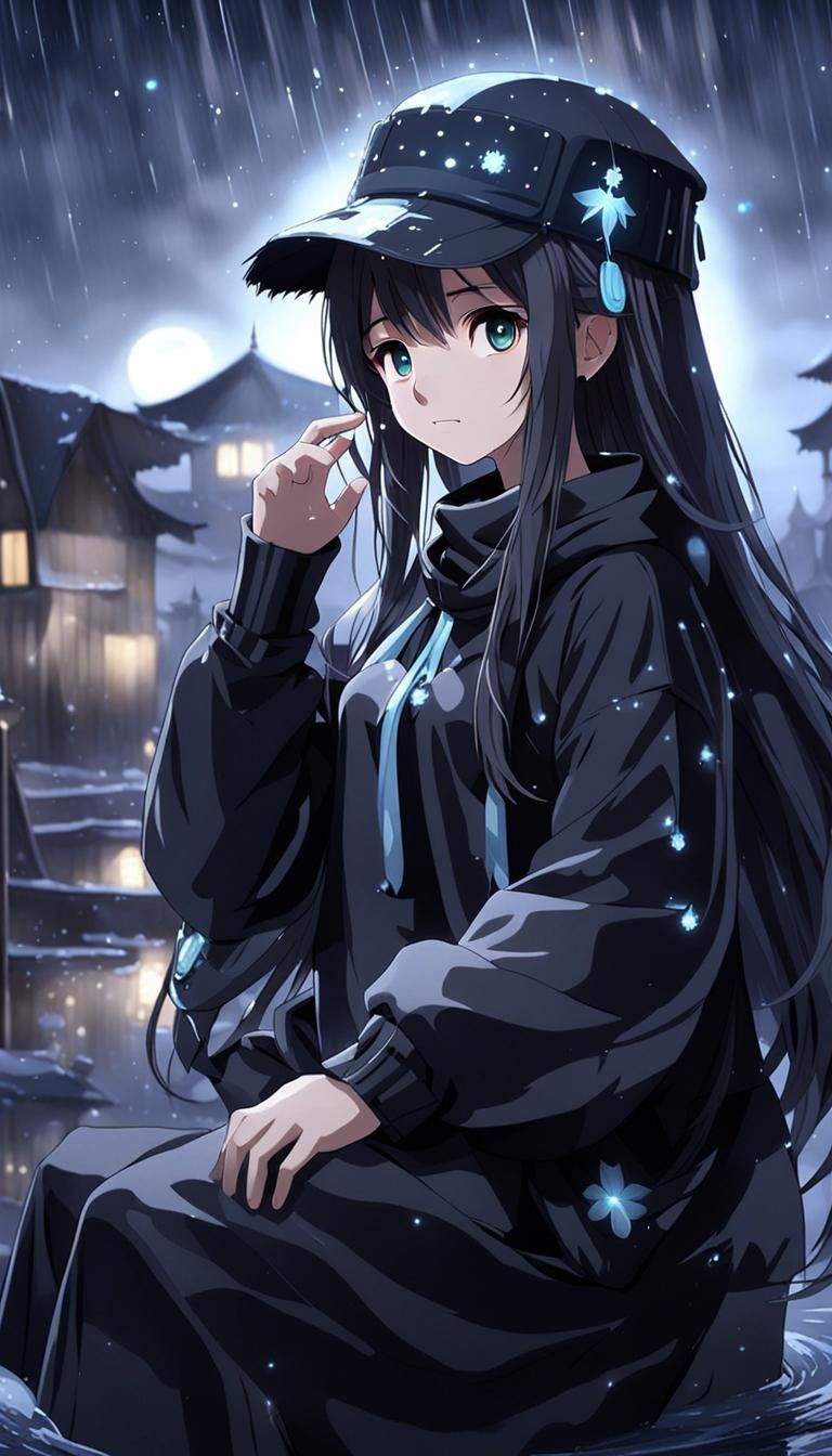 Anime Girl in Rainy City at Night