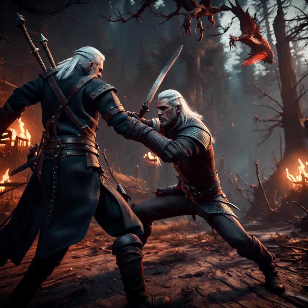 Witcher Battles Vampire in Detailed 3D Game Scene