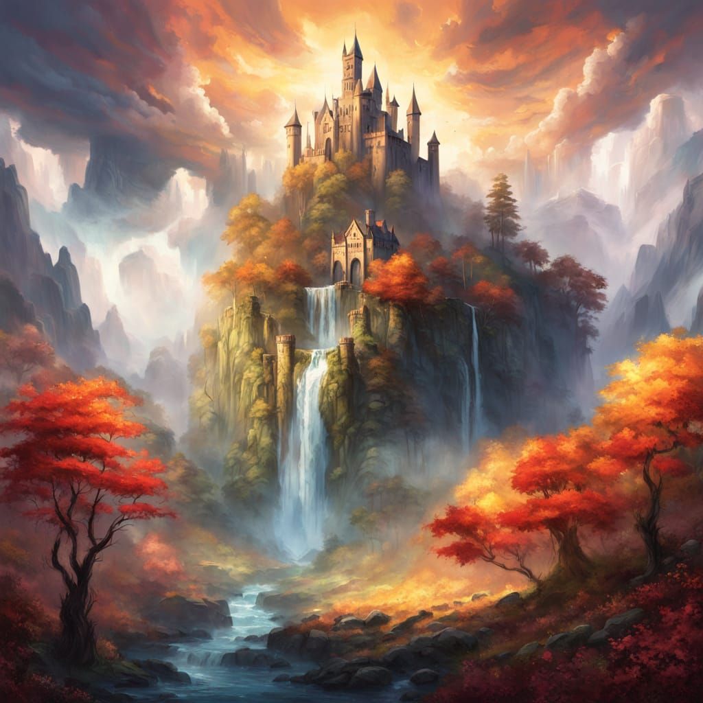 Magical Forest Landscape with Waterfall and Glowing Sky