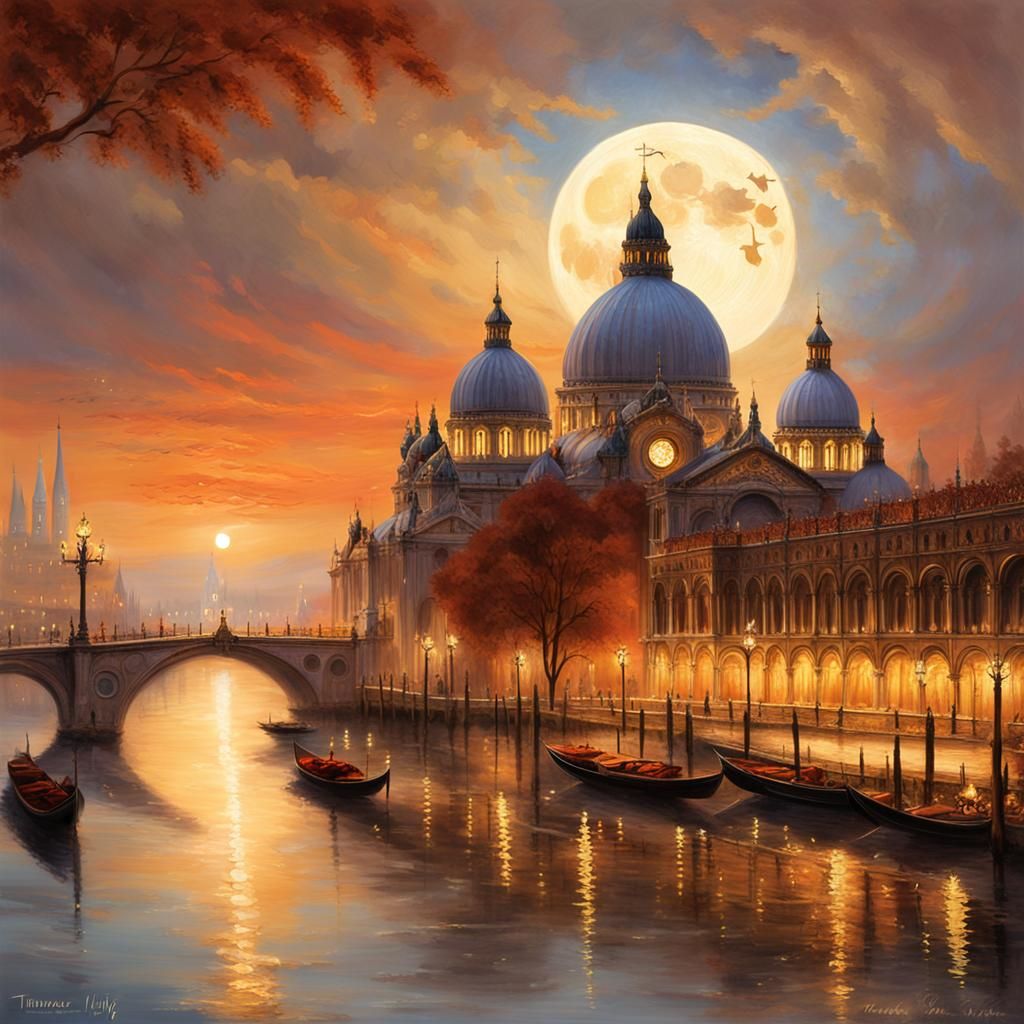 St. Mark's Basilica Under Fiery Moon in Dreamy Lighting