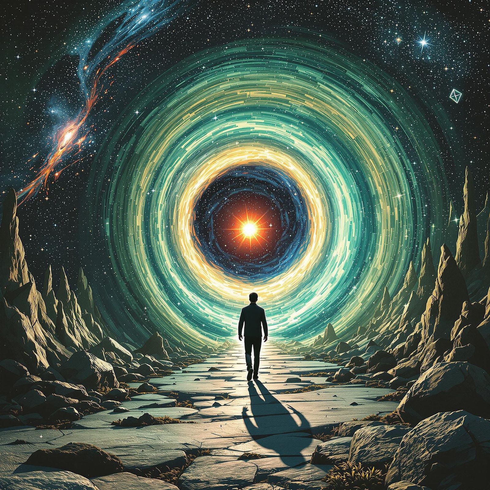 A Man Enters a Vibrant Blue-Green Galaxy Through an Ancient...