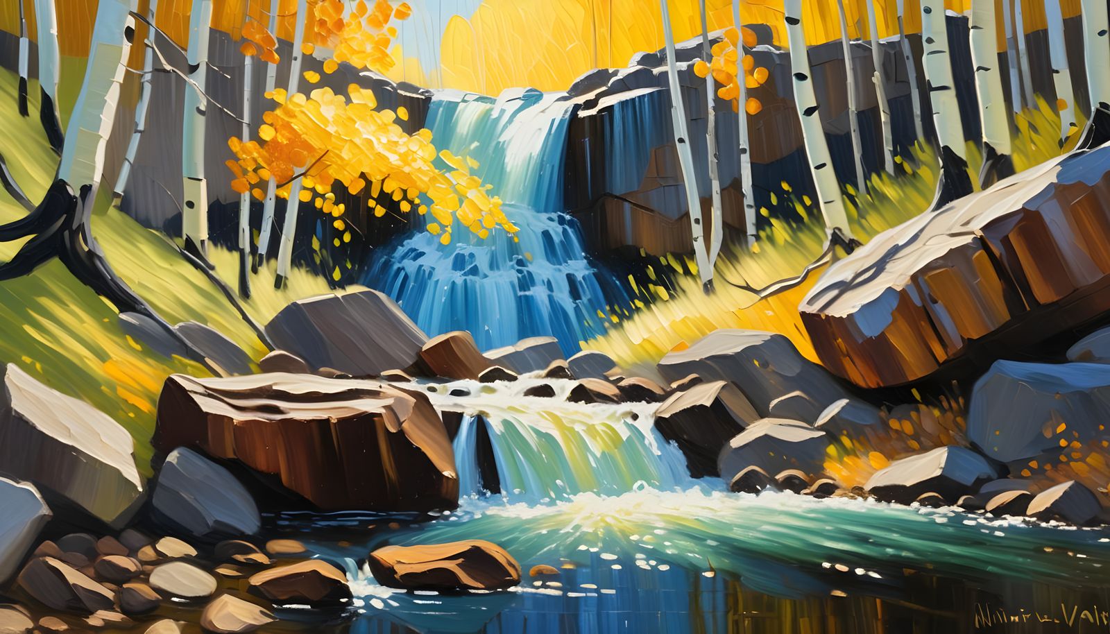 Autumn Waterfall in Aspen Grove: Impasto Oil Painting