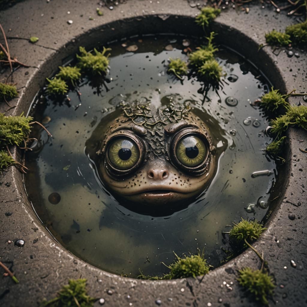 Surreal Googly Eyes in Storm Drain: Dark Realism