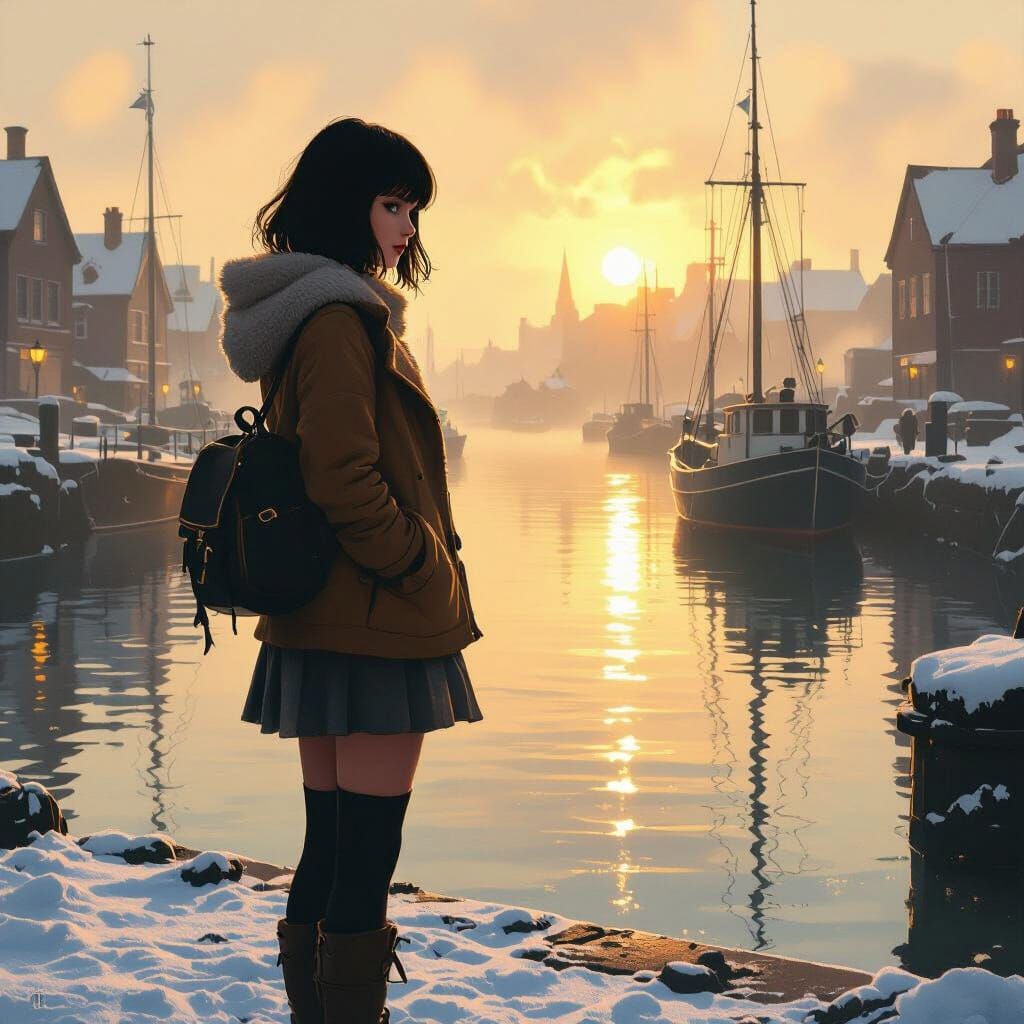 Girl in Misty Harbor: Matte Painting Style