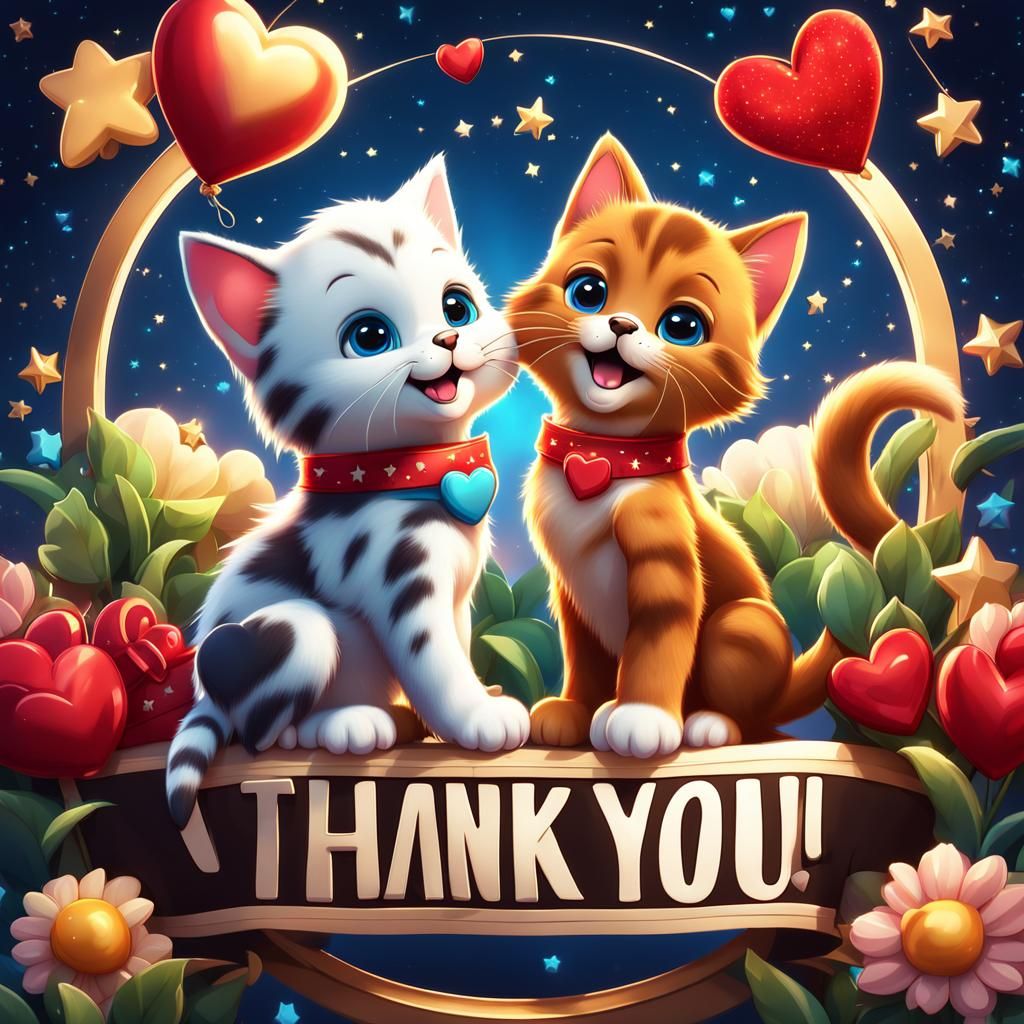 Heartwarming Cartoon Kitten and Puppy Thank You