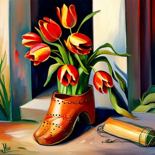 Tulips Bloom in Dutch Wooden Clogs