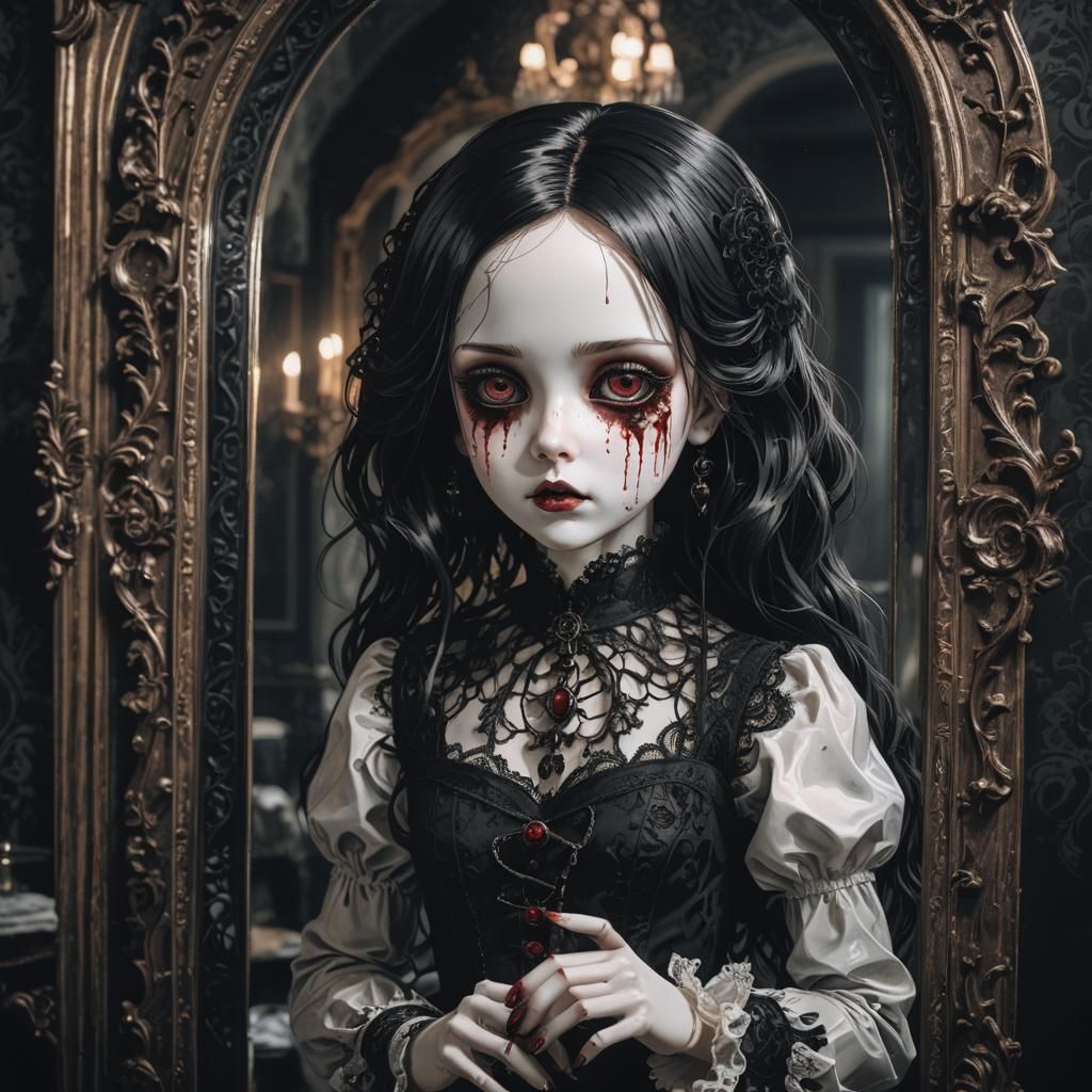 Creepy Gothic Doll in Haunted Mansion, Anime Art