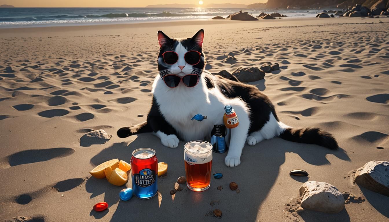 Cat on Monterey Beach with Beer, Detailed Digital Art