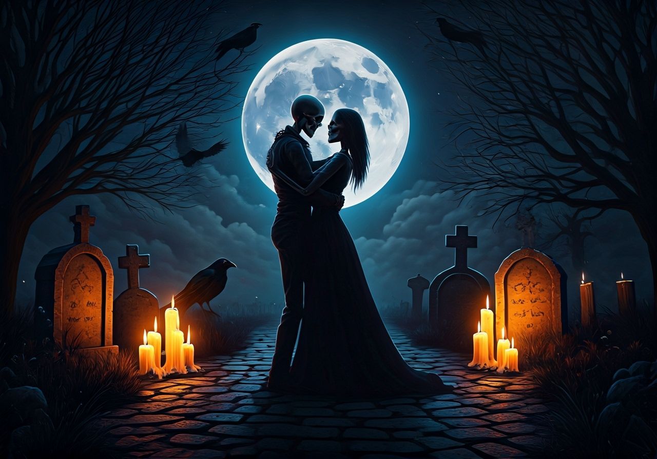 Skeleton Lovers Dance Under Eerie Moonlit Halloween Night