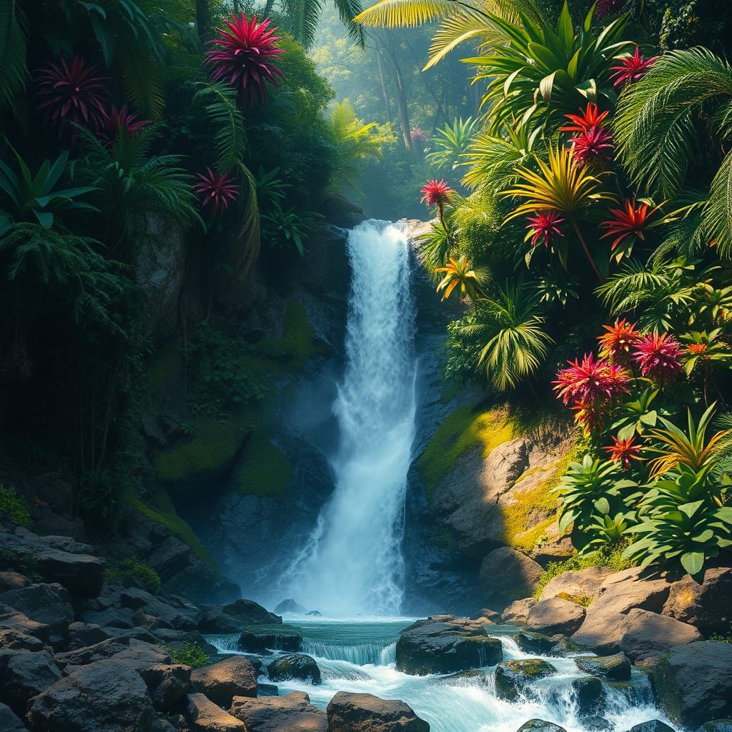 Lush Jungle Waterfall Scene with Exotic Foliage