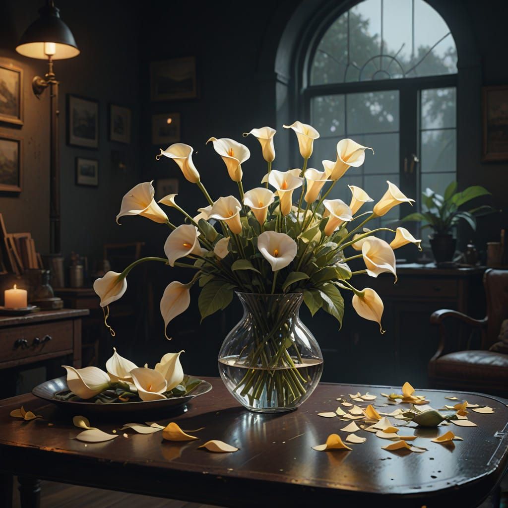 Hyper-Realistic Fantasy Floral Still Life in Minimalist Glas...