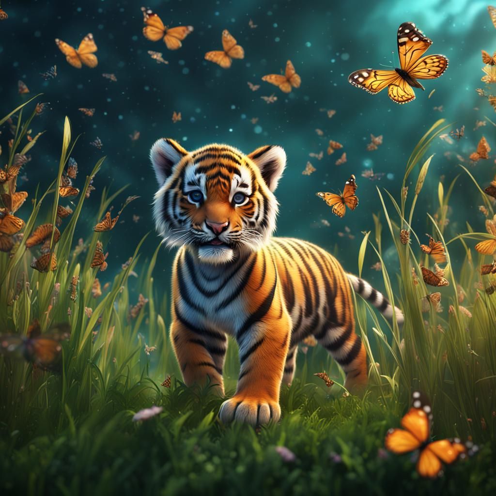 Baby Tiger Playing in Grassy Field with Butterflies