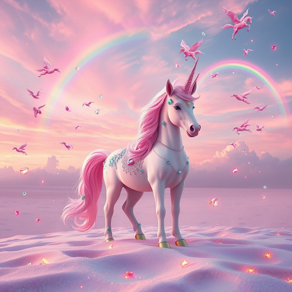 Pastel Unicorn and Pegasus Dreamscape with Falling Gems