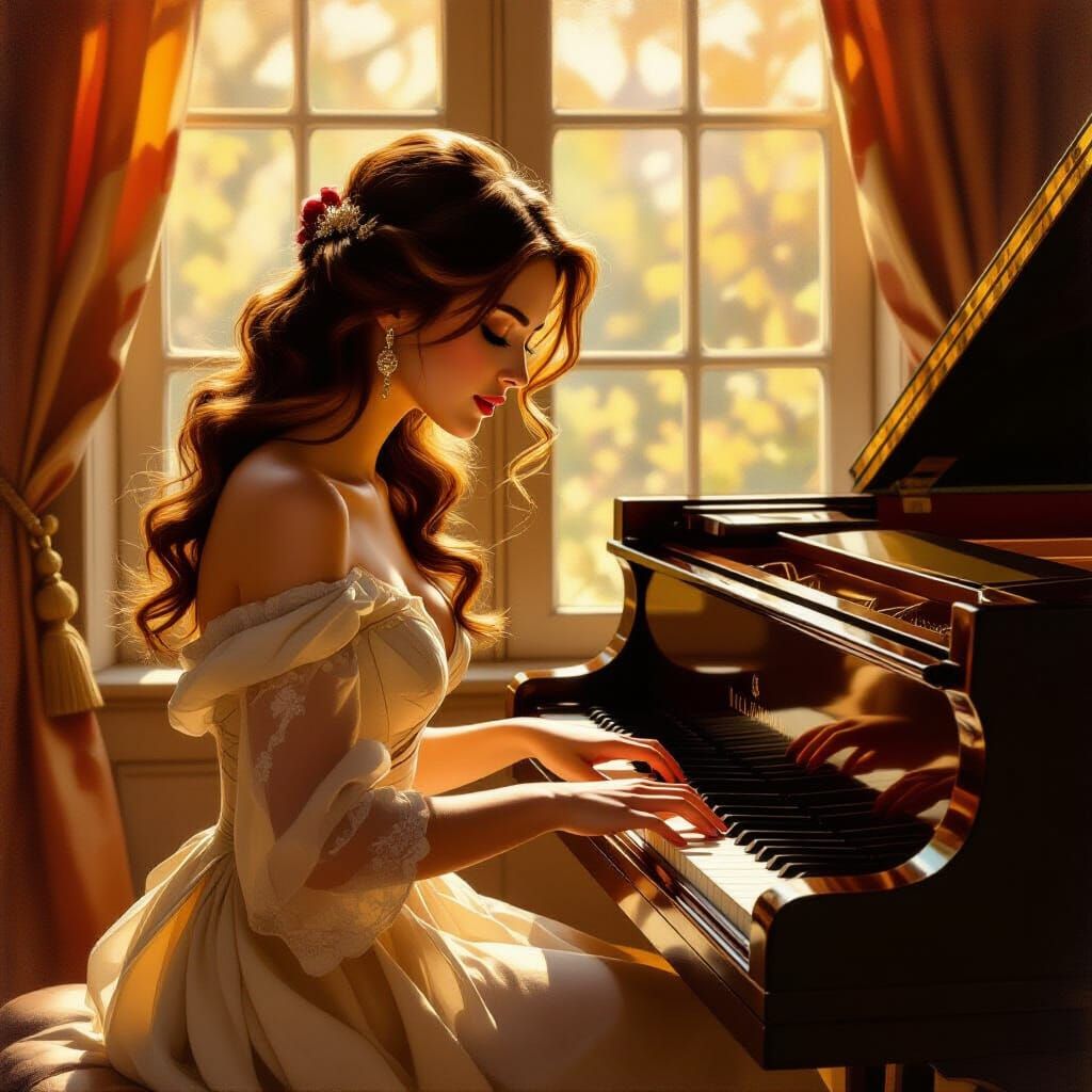 Oil Painting of Woman Playing Piano in Sunlight