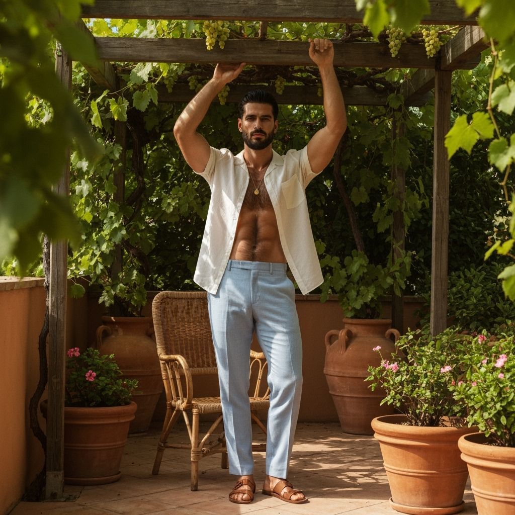 Mediterranean Man on Sunlit Terrace with Grapevine Pergola