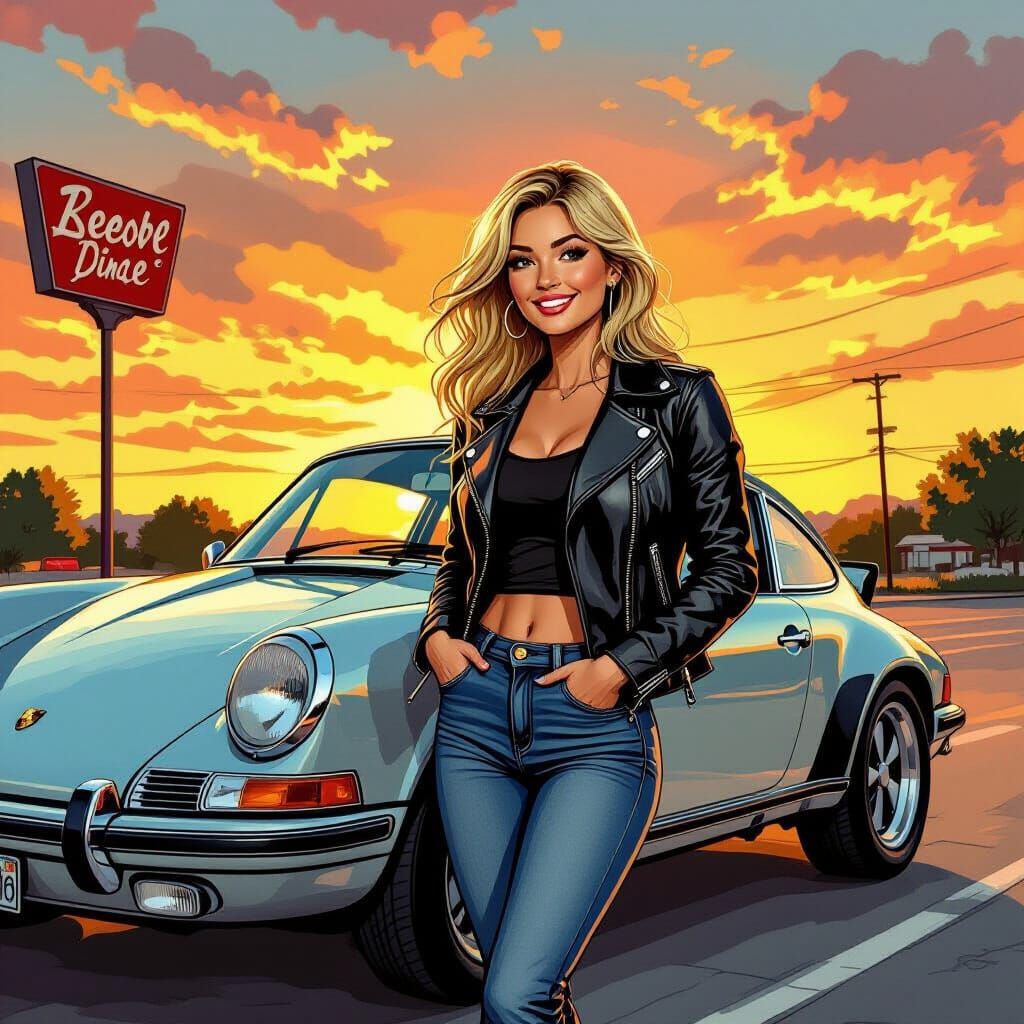 Blonde Woman at Diner in Hand-Drawn Comic Style