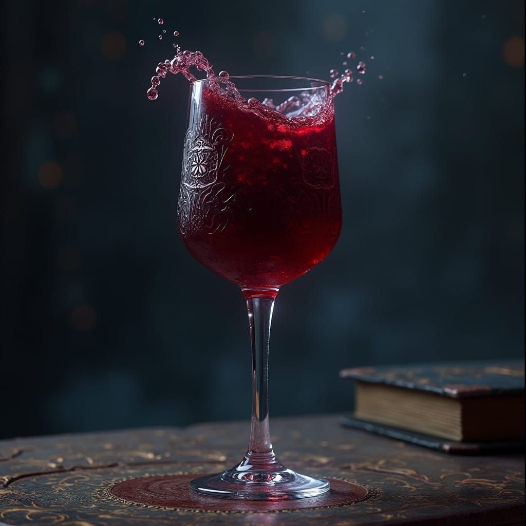 Fantasy Wine Glass Overflows with Luxurious, Berry-Red Wine....
