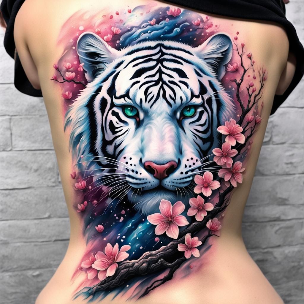 White Tiger and Dragon Tattoo with Cherry Blossoms