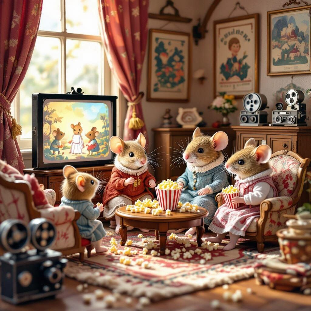 Mice Family Movie Night in Watercolor Style