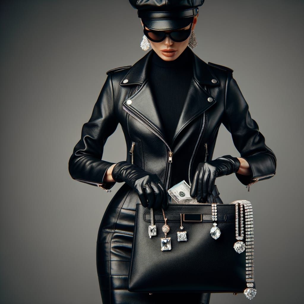 Elegant Jewel Thief in Black Leather Outfit