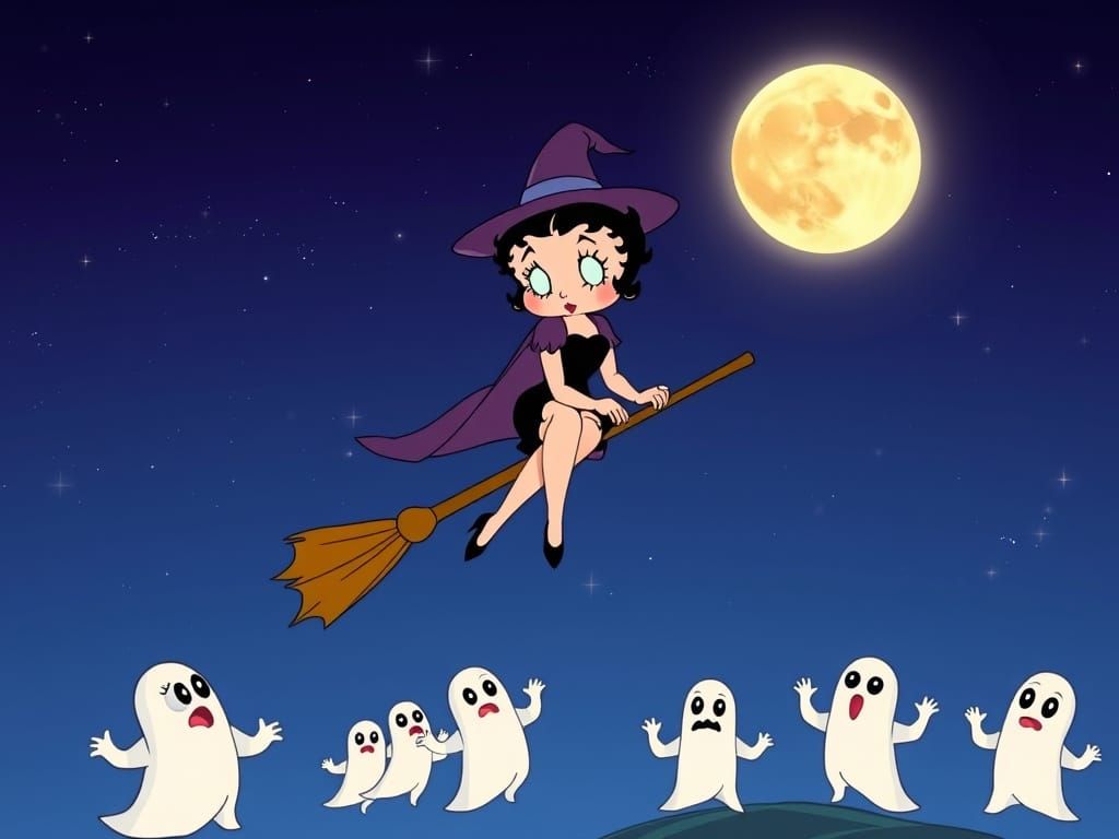 Betty Boop Witch Flies Broom Over Ghosts in Starry Night