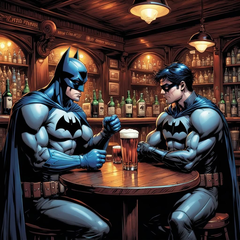 Batman and Nightwing in Irish Pub, Comic Book Art