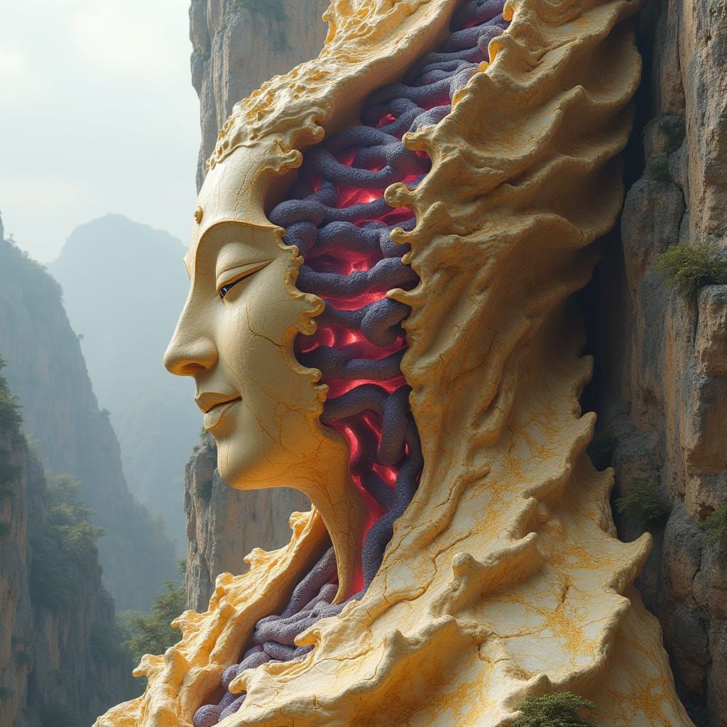 Quantum Buddhist Monastery in Marble on Karst Cliff