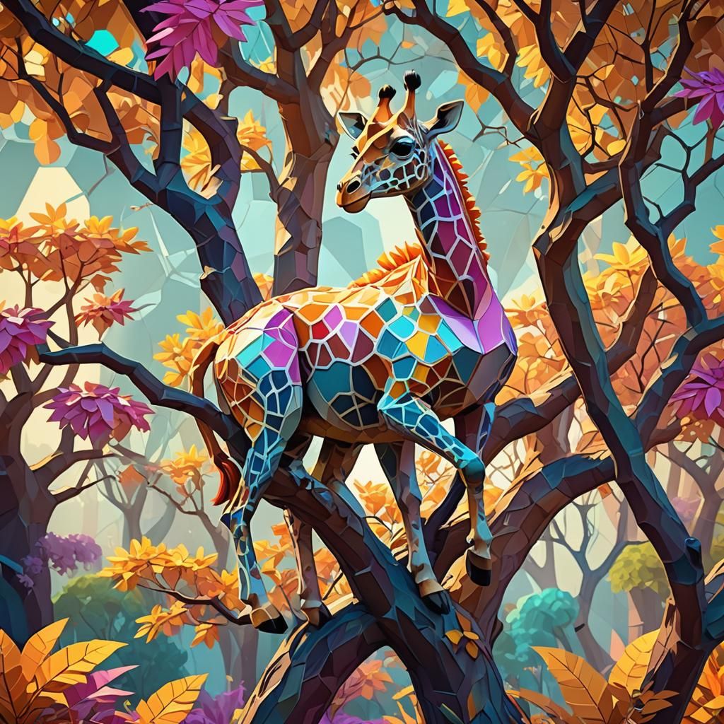 Giraffe-Squirrel Monster in a Low-Poly Fantasy Scene