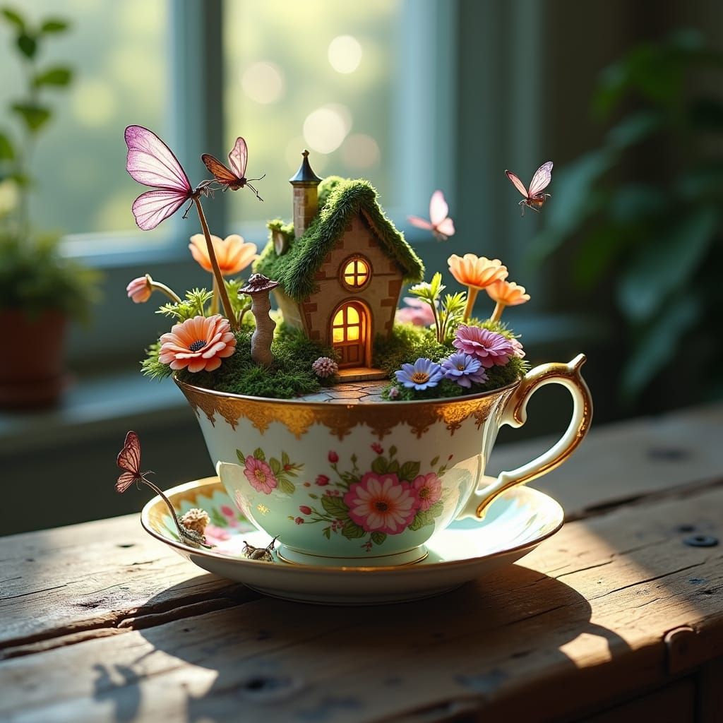 Fairy Garden Teacup Scene with Bioluminescent Flora