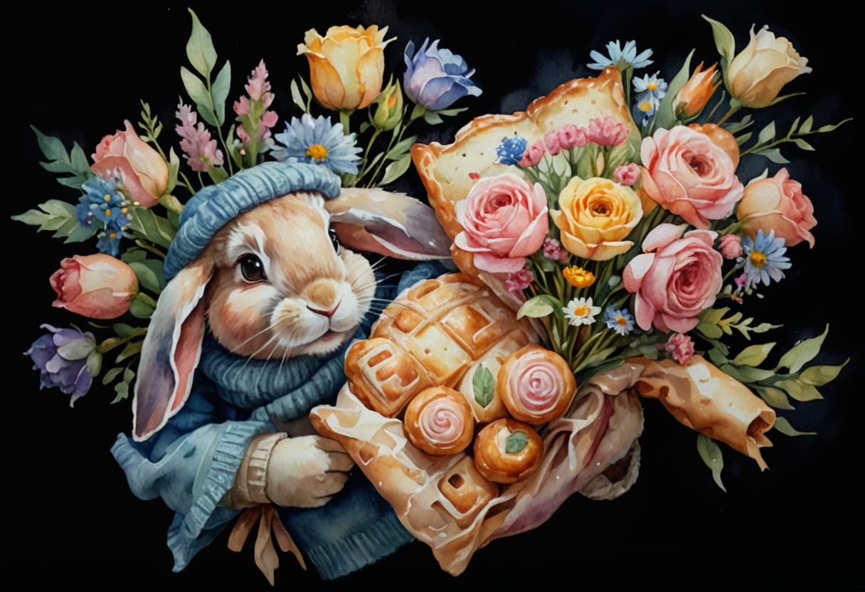 Rabbit Surrounded by Pastries in Watercolor Style