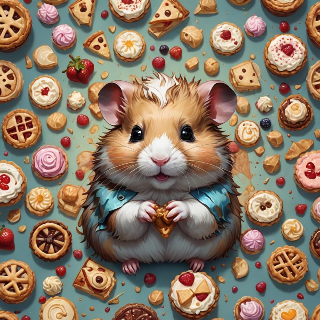 Cute Hamster Portrait with Pie, Hyperdetailed Digital Art