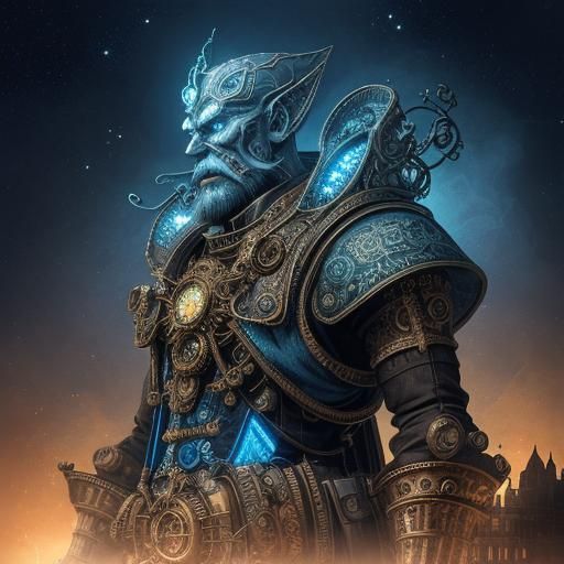 Steampunk Robotic Gnome in Glowing Cyberpunk Cityscape