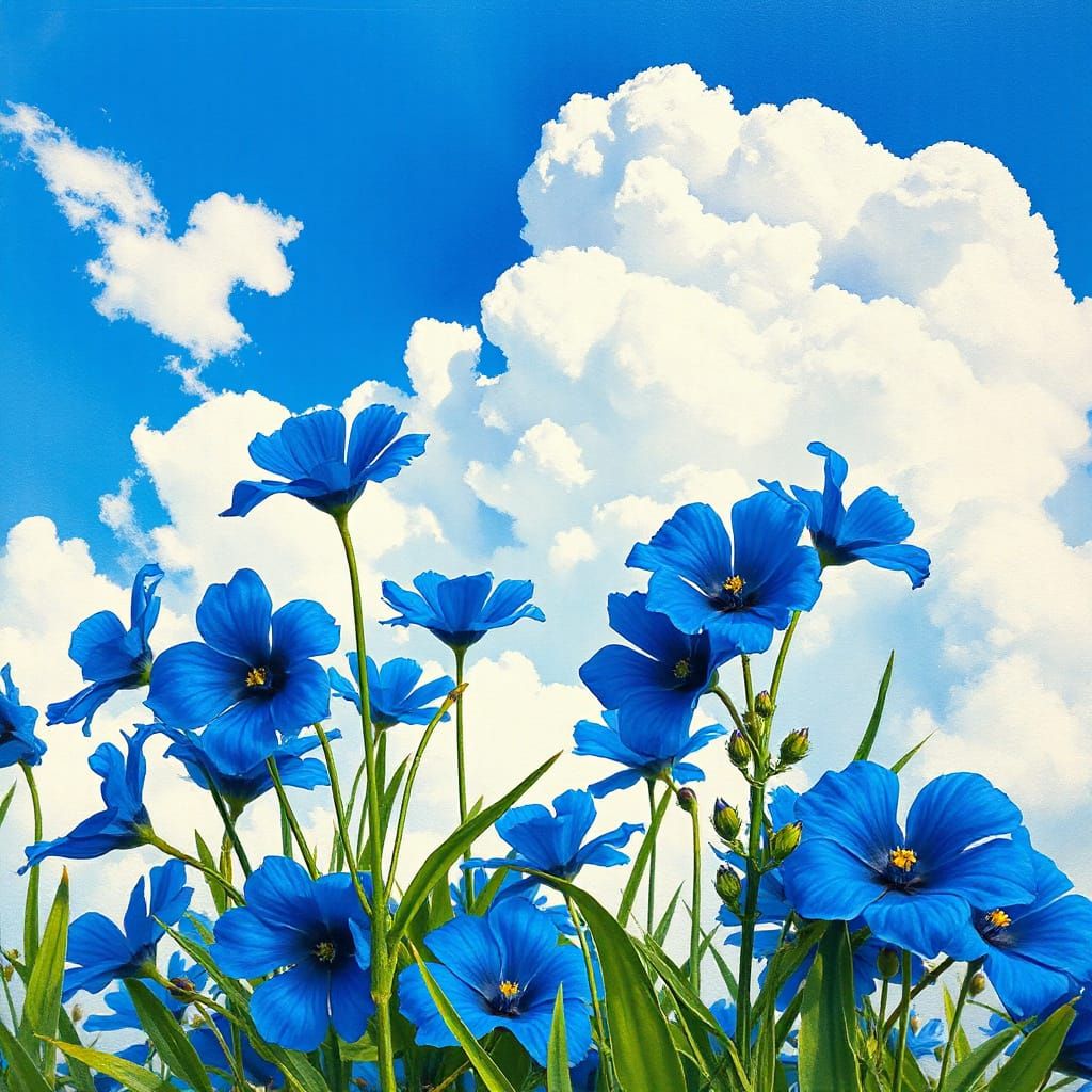 Impressionist Blue Flowers Under a Blue Sky