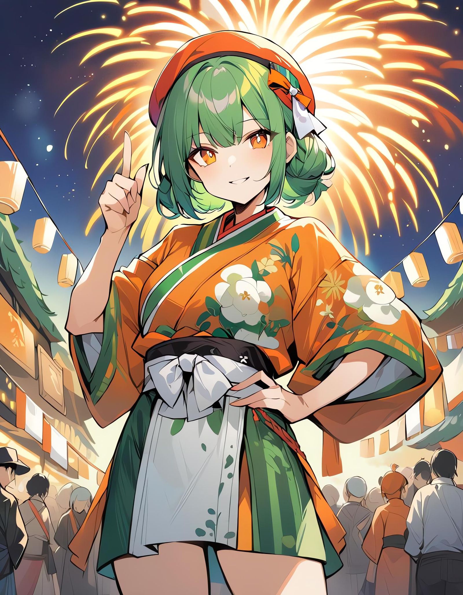 Festival Girl with Green Hair and Kimono