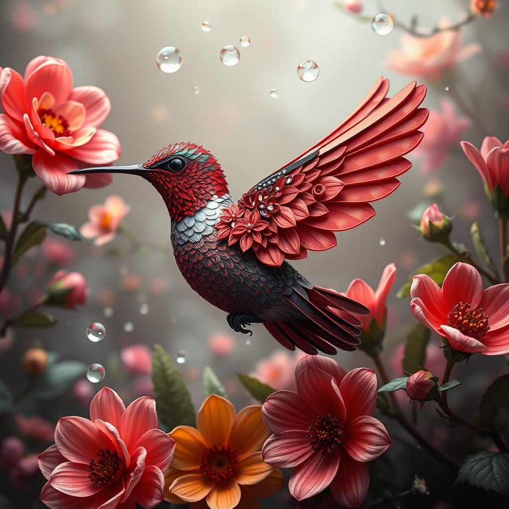 Iridescent Hummingbird Amidst Blooming Flowers in Digital Ar...