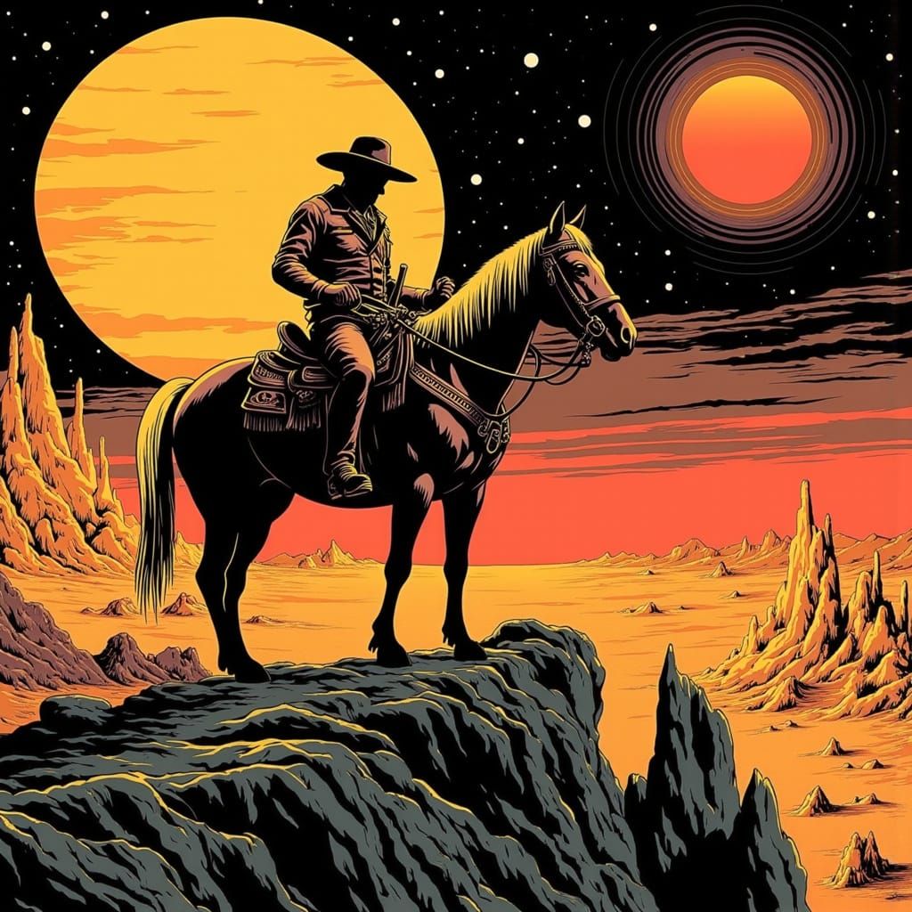 Sci-Fi Western Comic Book Poster in Bold Colors and Dramatic...
