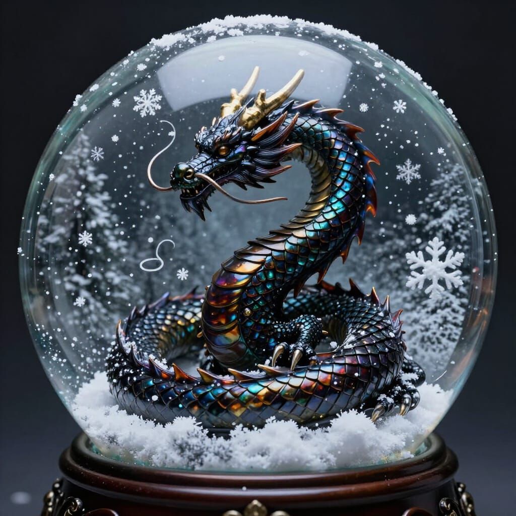 Onyx Dragon in Iridescent Snow Globe