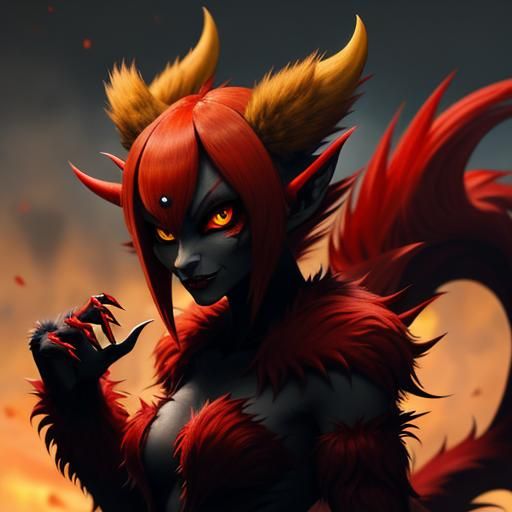 Fiery Red Demon Girl with Piercing Yellow Eyes