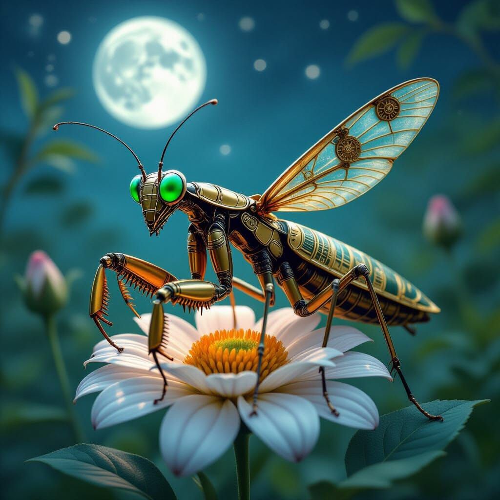 Steampunk Praying Mantis on Flower, Clockwork Detail